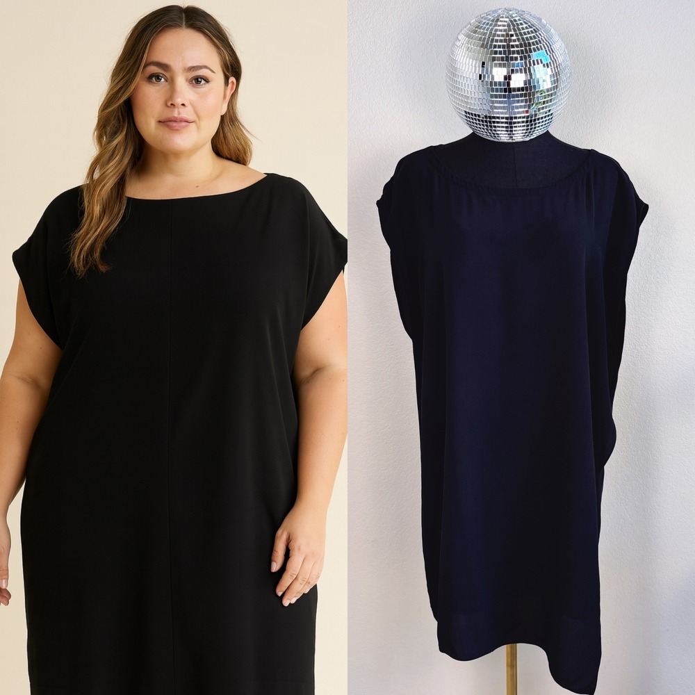 EILEEN FISHER Black Cap Sleeve Shift Dress,‎ 100% Silk, Large, Asymmetrical Hem